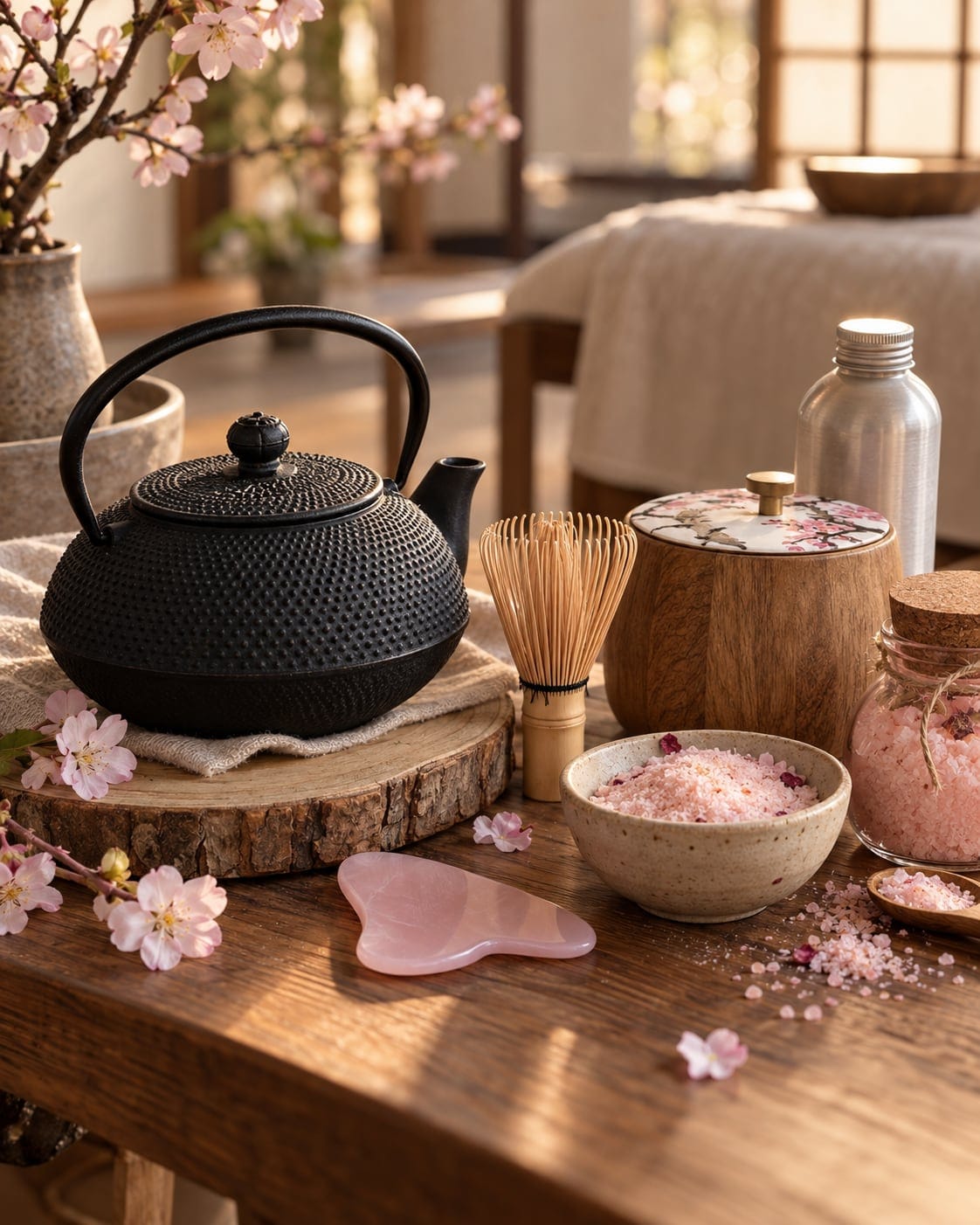 Cast-iron teapot, matcha whisk, rose quartz stone and cherry blossoms for the Kyoto Ritual