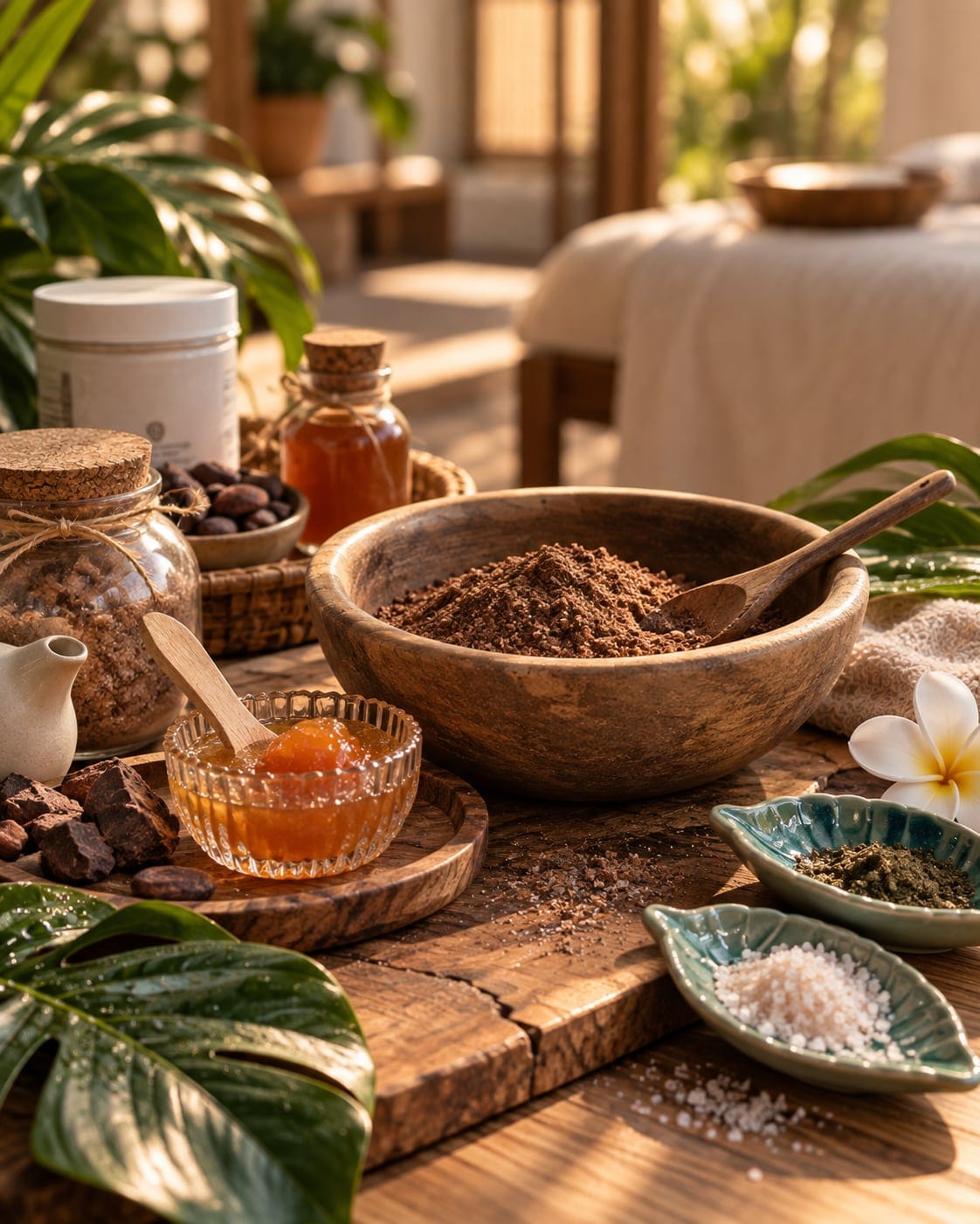 Bowl of cocoa powder, cocoa beans and tropical leaves for the Amazonia Ritual