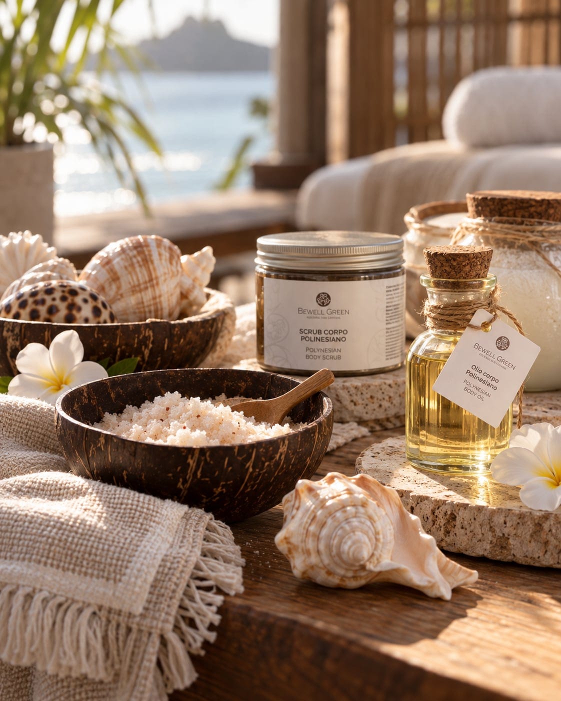 Polynesian body scrub and oil with seashells, tiaré flowers and a sea view