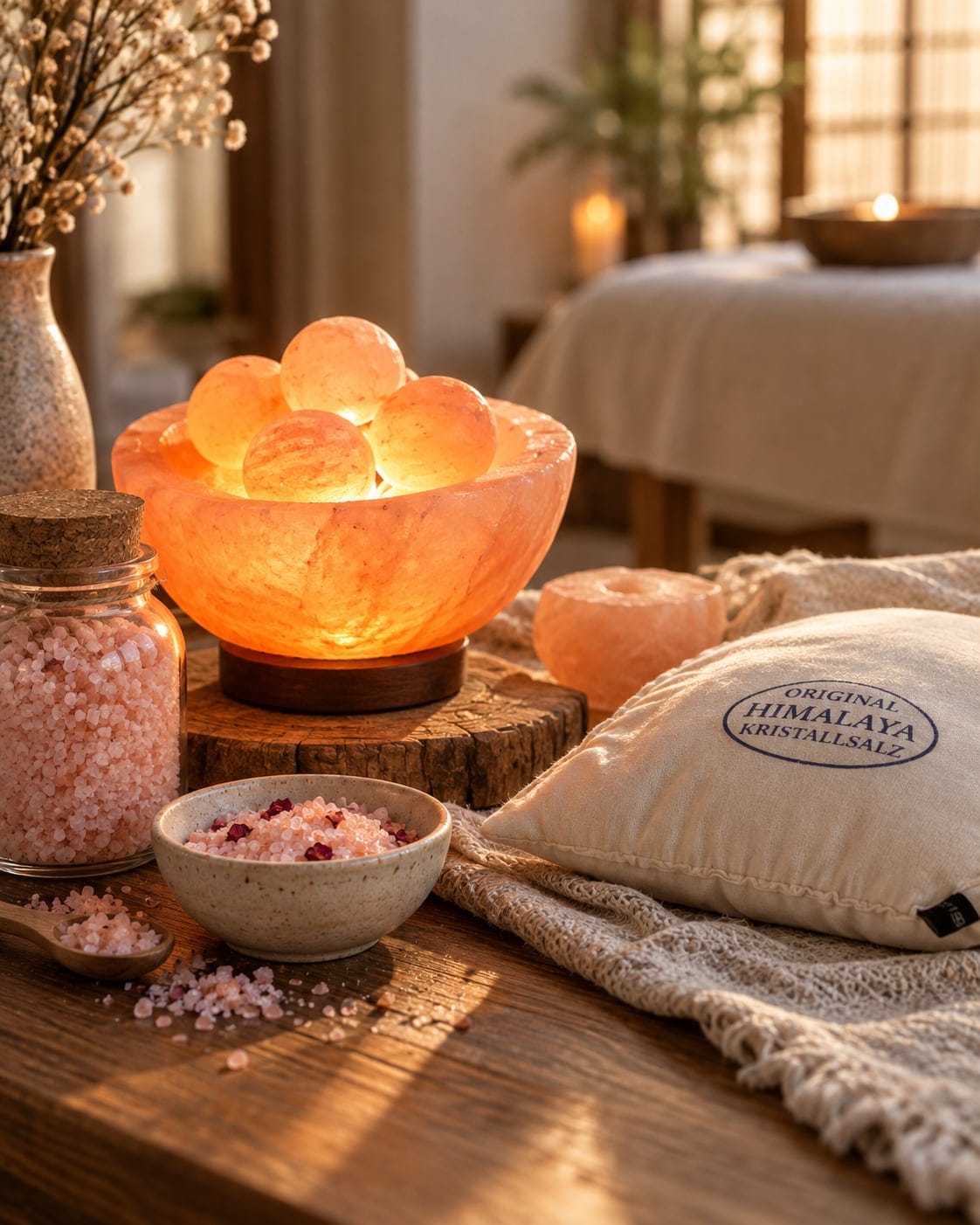Glowing Himalayan pink salt spheres, salt crystals and a warm pillow