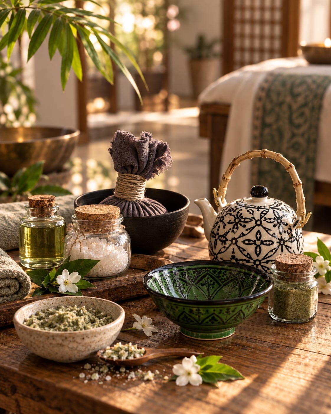 Decorated teapot, green bowl, herbal pouch and oils for the India Ritual